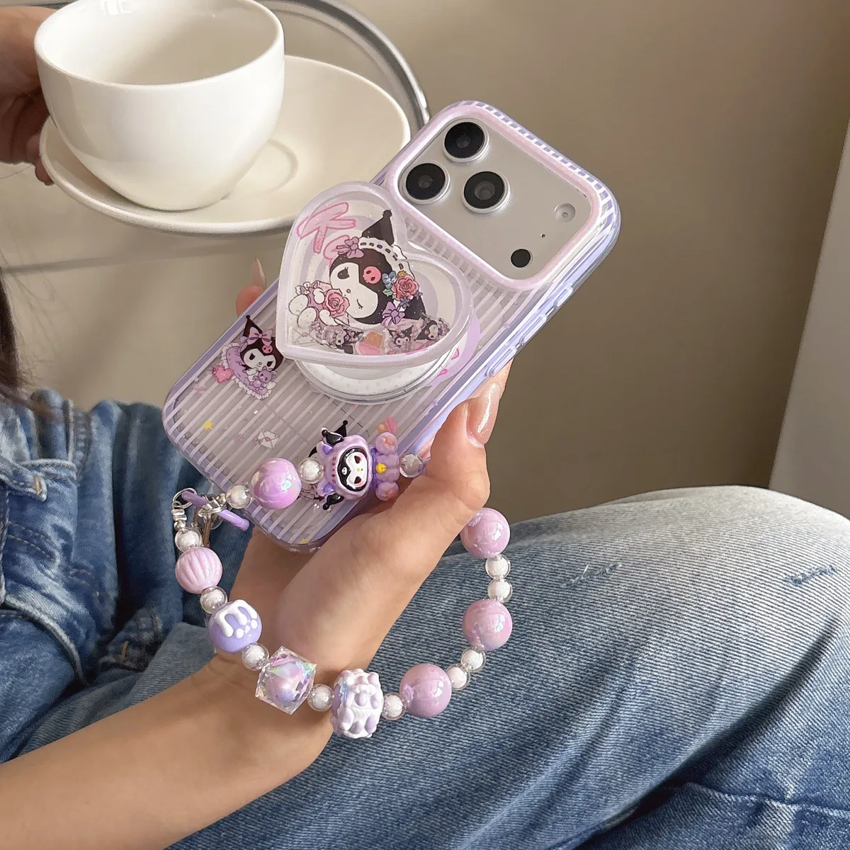 Kuromi Heart Pop Phone Case with Beaded Strap & Pop Socket for iPhone 17 16 15 14 13 Pro Max — MagSafe